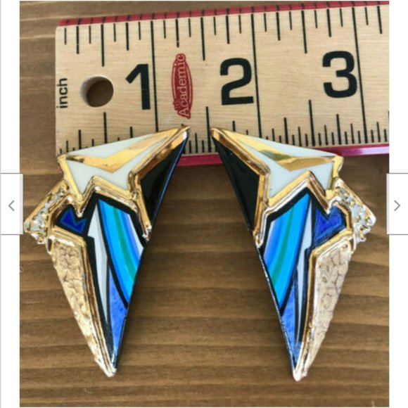 Bold Blue & Gold Glam Lightening Bolt Handpainted Ceramic Earrings Artist Signed - Picture 5 of 7